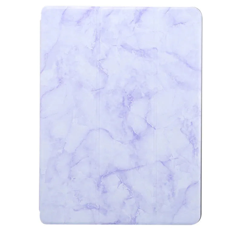 Tri-fold iPad case with marbling design showing pen slot and available in dark gray, creamy-white, purple, blue, and pink colours