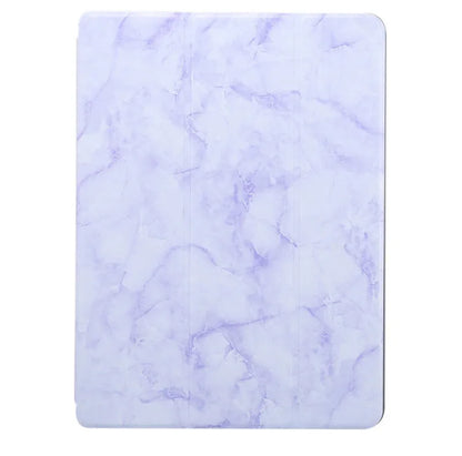 Tri-fold iPad case with marbling design showing pen slot and available in dark gray, creamy-white, purple, blue, and pink colours