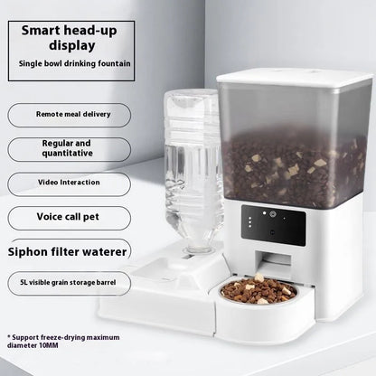 Smart pet feeder with stainless steel bowl and 5L capacity reservoir in multiple control versions