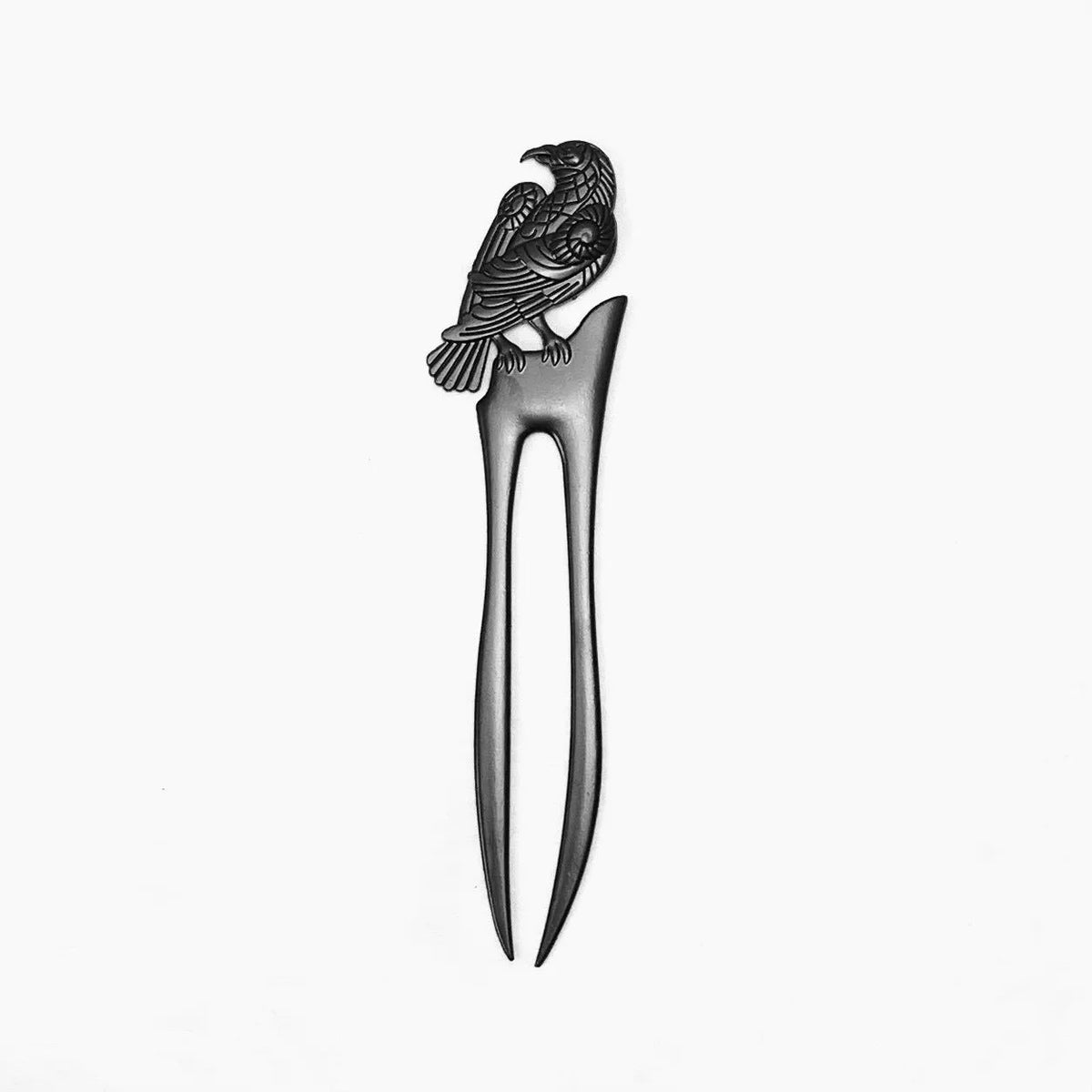 Black metal hairpin with double-sided crow carving, retro style, 16cm length