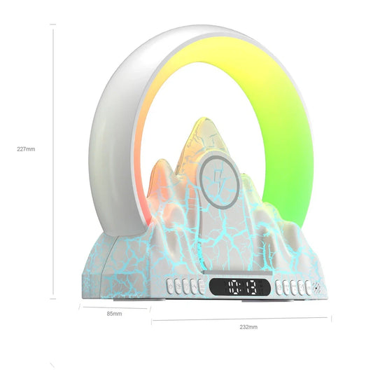 Black colorful flame mountain wireless charging alarm clock, 237mm high with 15W pad and white noise features