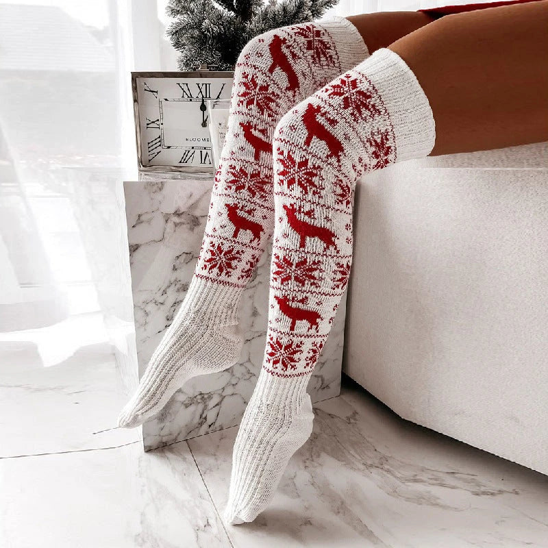 Cozy Christmas knee-high socks with festive elk and snowflake patterns