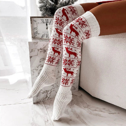 Cozy Christmas knee-high socks with festive elk and snowflake patterns