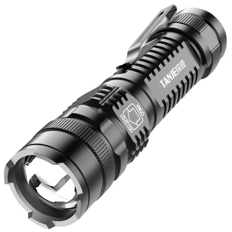 Mini black aluminium alloy telescopic LED flashlight with clip and zoom adjustment