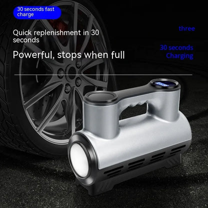Compact black 12V portable car tyre inflator with digital display, pressure gauge, and power cable