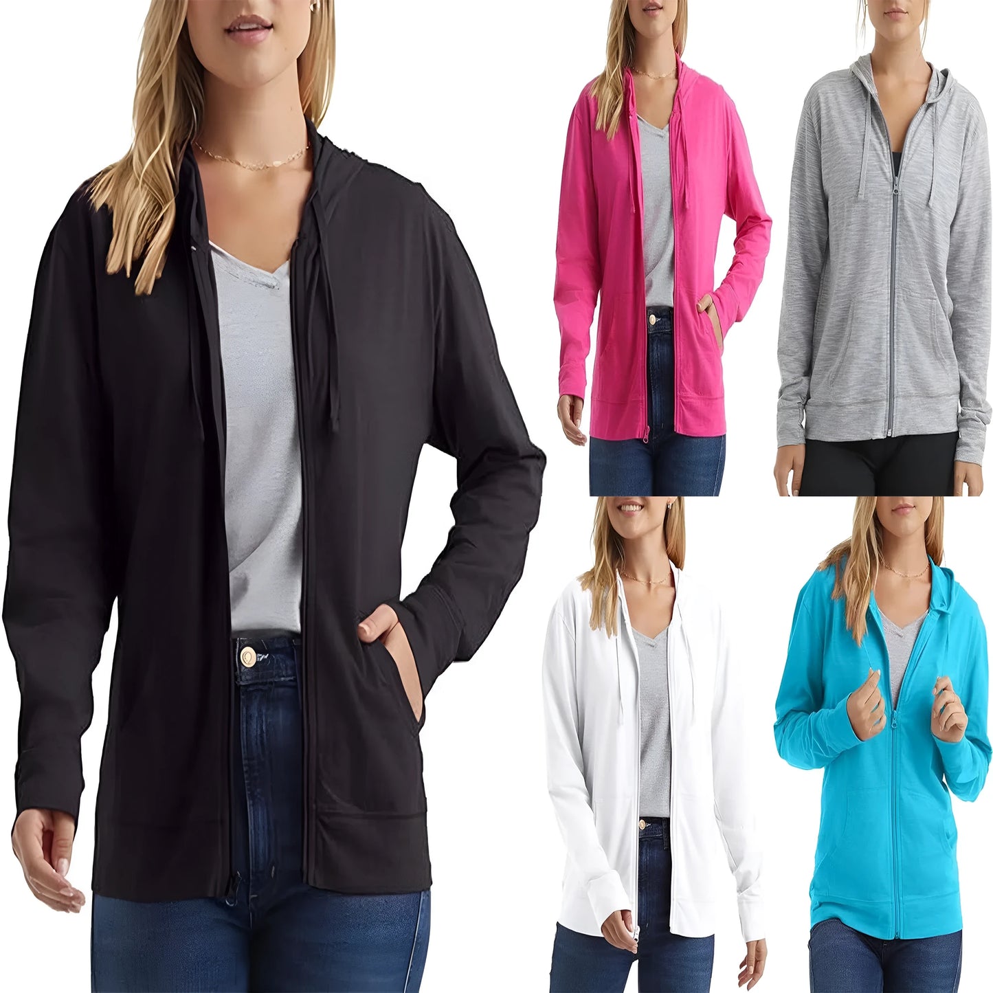A loose fit solid colour hooded sweatshirt on a hanger, shown in one of six colour options.