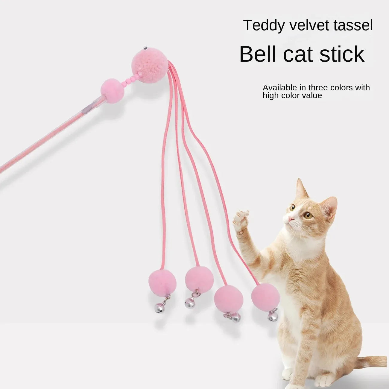 Set of four colourful cat stick toys with dangling tassels, showing blue, pink, and purple handles.