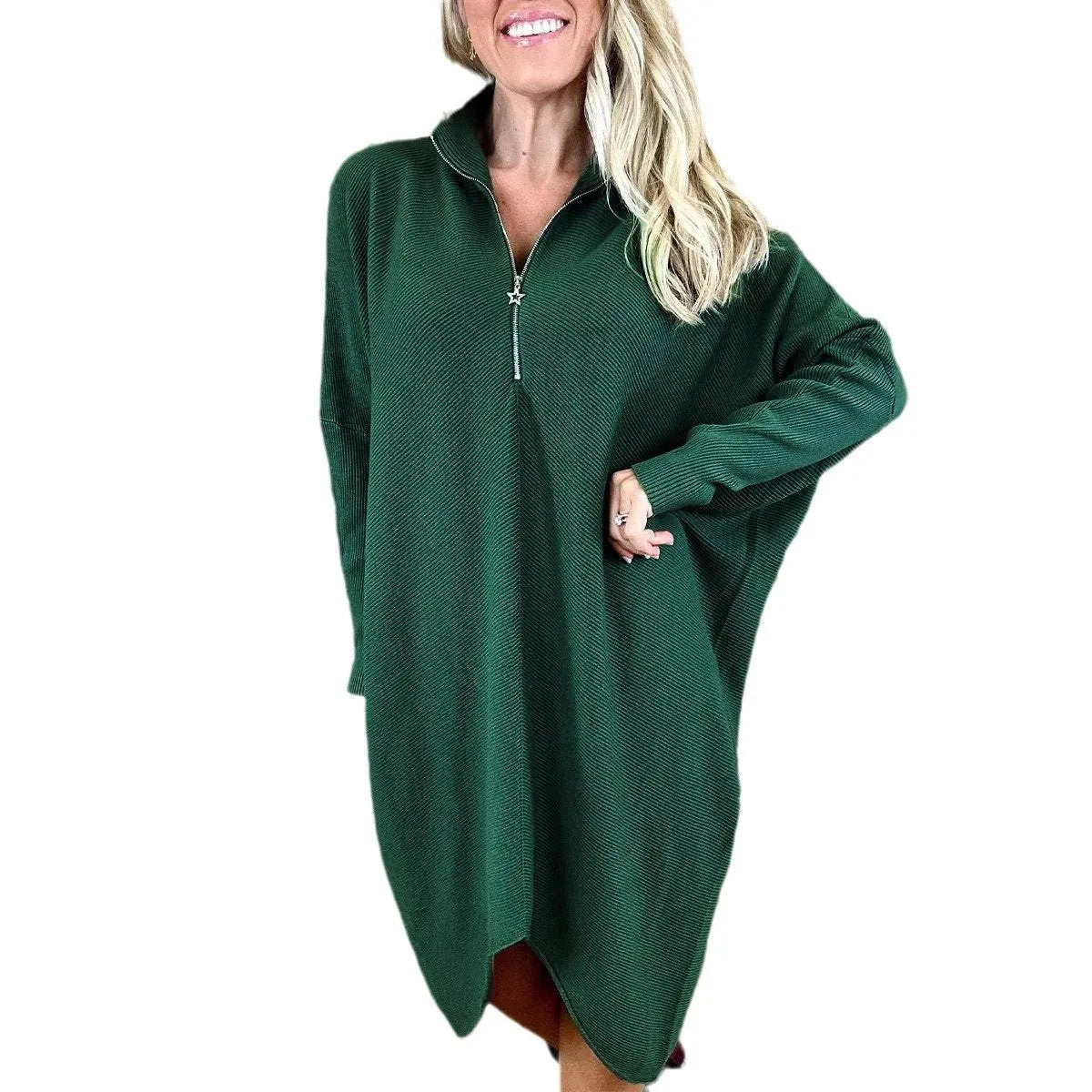 Women's solid colour loose knitted dress with a front zipper and raglan sleeves.