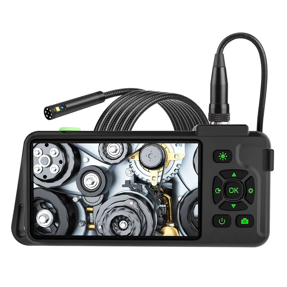 Handheld industrial endoscope with a 4.5-inch screen and a 1-metre black probe cable extended.
