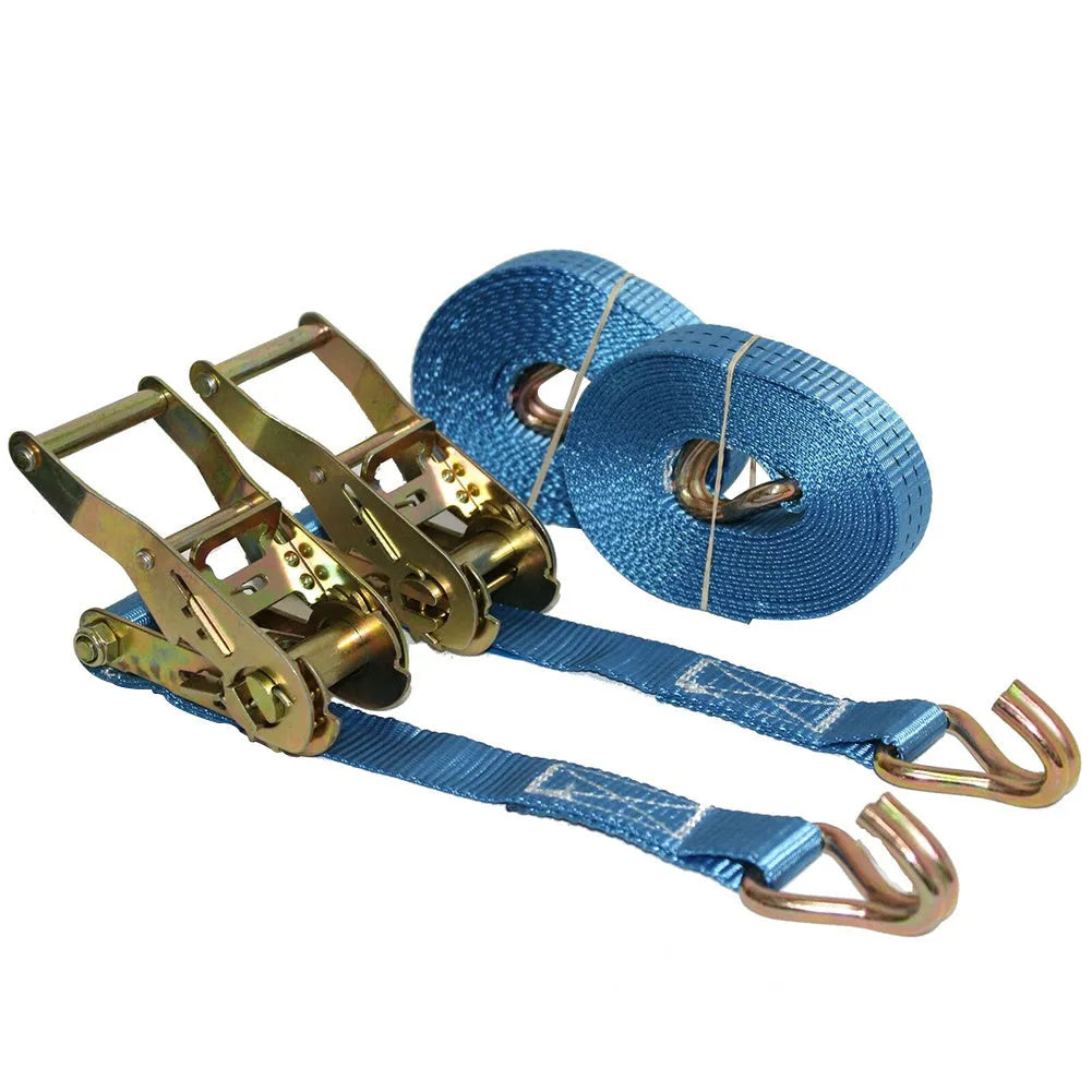 Steel hook and polyester ratchet tensioner binding strap for securing cargo and pallets.