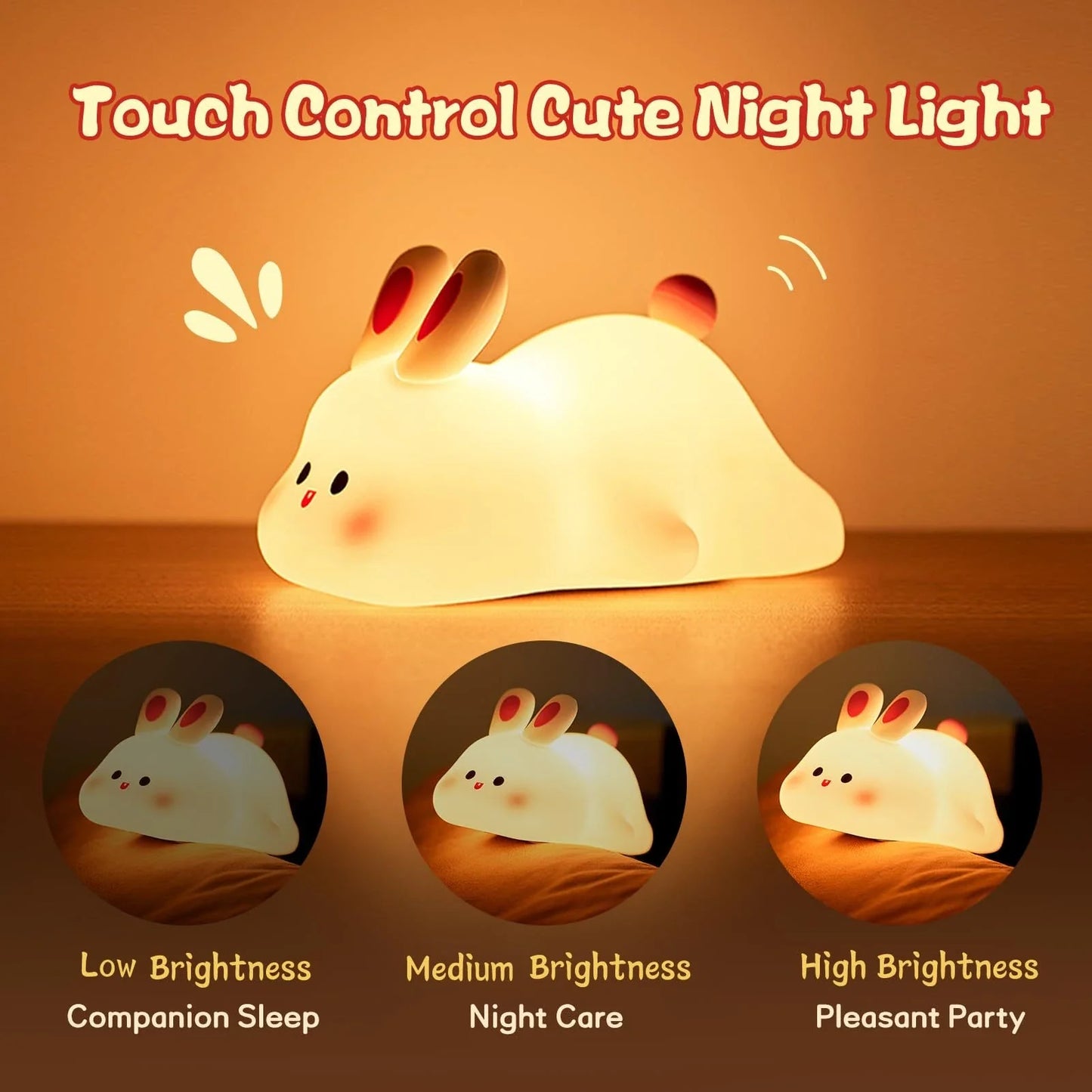 Adorable LED night light with soft silicone design and rabbit face, perfect for kids' bedrooms