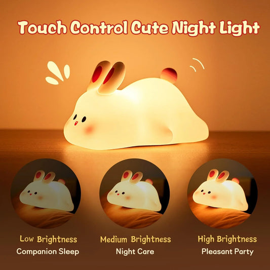 Adorable LED night light with soft silicone design and rabbit face, perfect for kids' bedrooms
