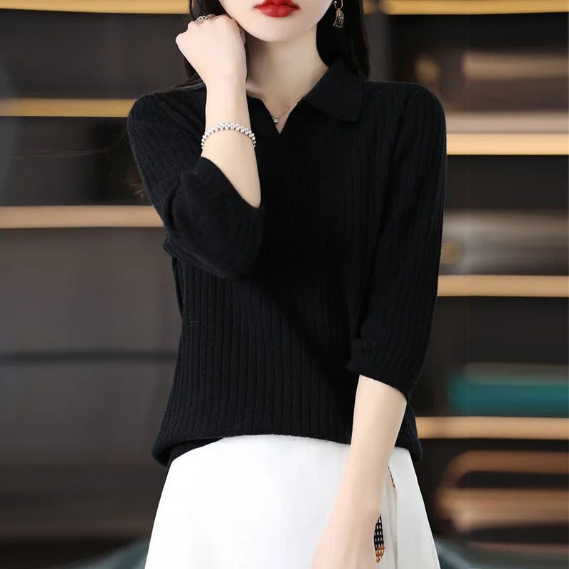 Women's loose slimming inner sweater with stripe pattern, long sleeves and pullover style, sizes S-2XL