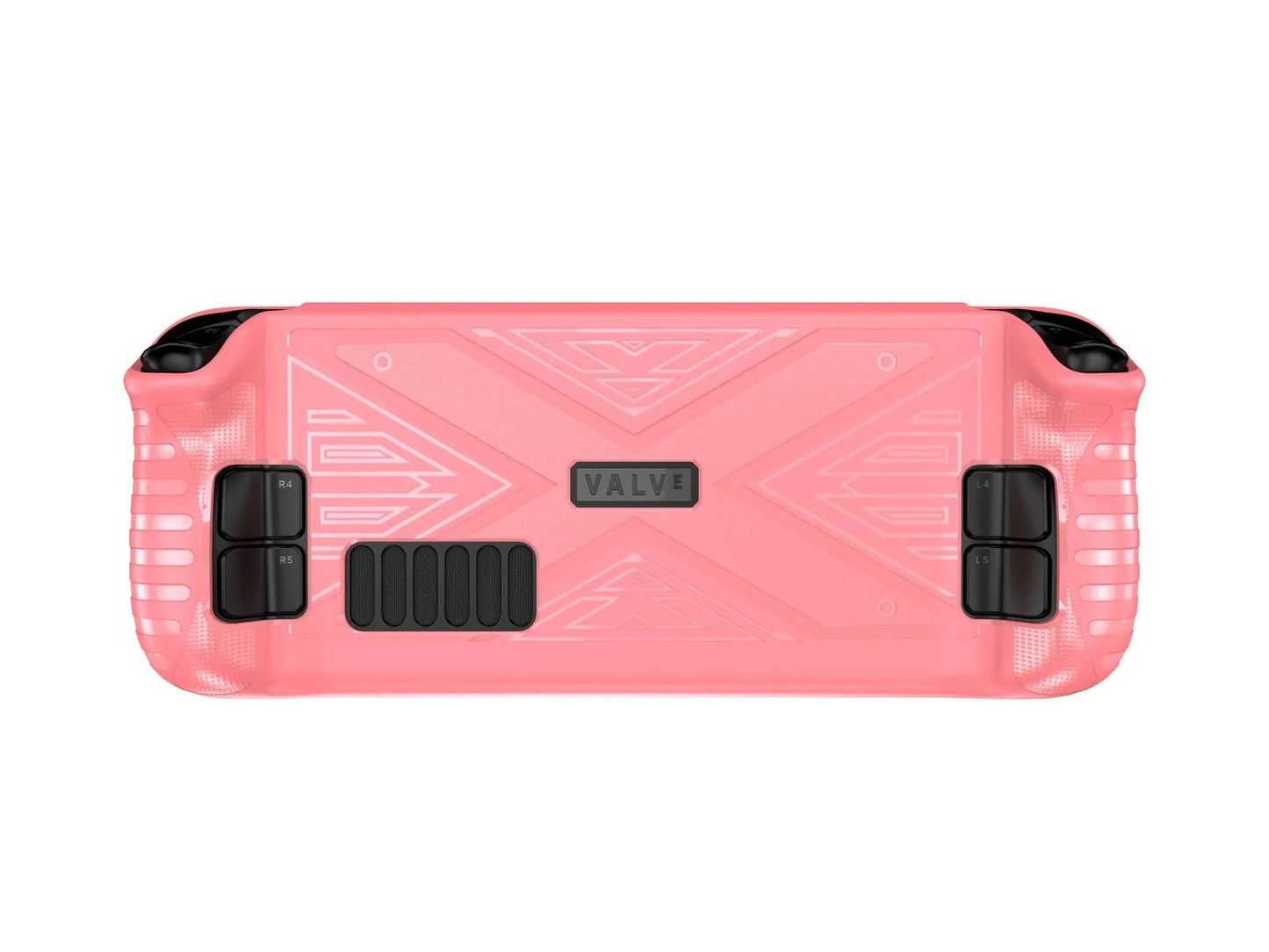 Red silicone soft shell protective case for a Steam Deck game console.