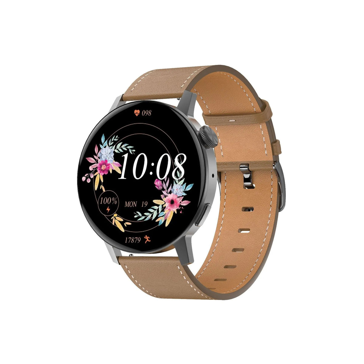 Simple metal smartwatch with black silicone strap and 1.45-inch screen displaying heart rate.