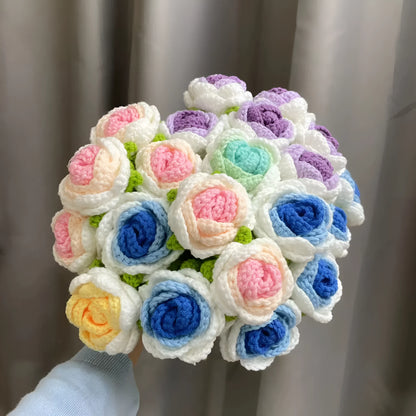 Wool-woven artificial silk rose bouquet in gradient blue colour with textured floral arrangement