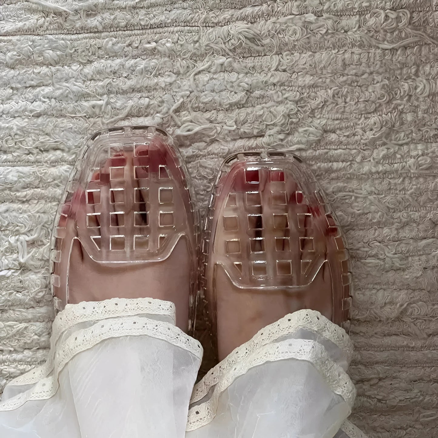 Square toe PVC gel sliders in transparent colour with slip-on design for outdoor leisure wear