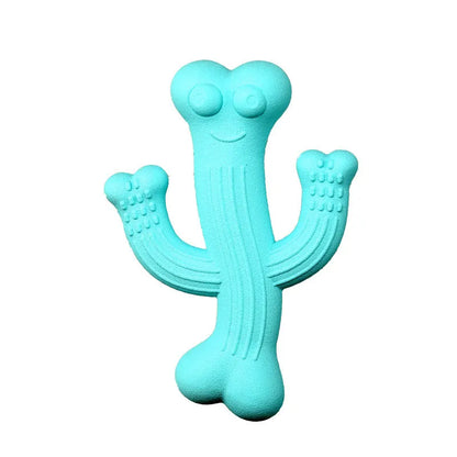 Beige, blue or purple cactus-shaped dog chew toy made from bamboo fibre and rubber on a white background.