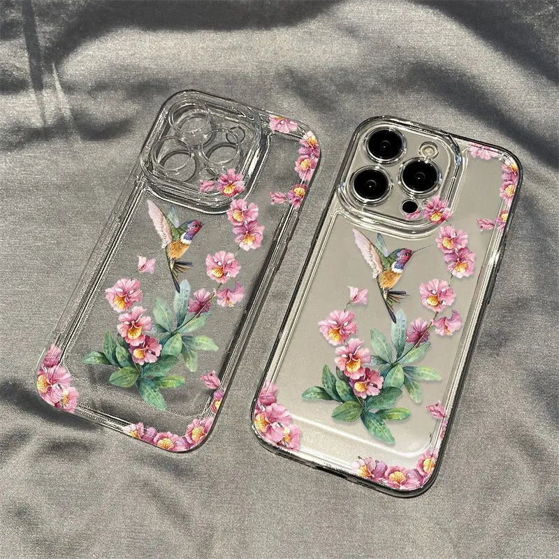 Flower Magpie Fine Hole All-Inclusive Phone Case in TPU with Shockproof Heat Dissipation Anti-Fingerprint Protection for iPhone 11 12 13 14 15 16 Pro Max Plus X XR XS Max 7 8 SE Transparent or Transparent Black