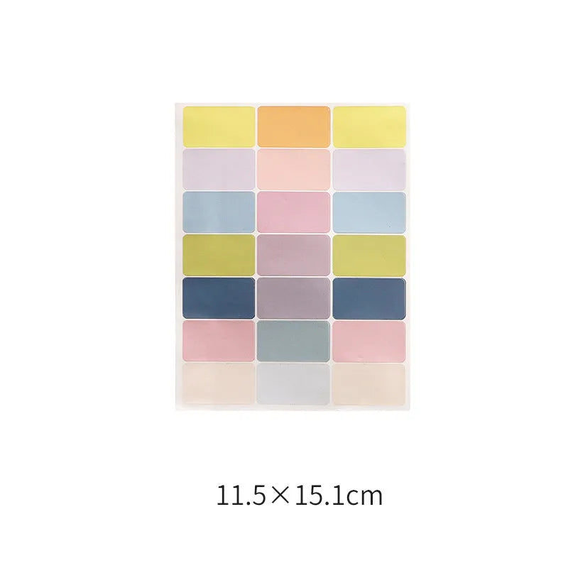 Handwritten label adhesive sticker set showing grid layouts, sticky notes, and A6 rulers on paper