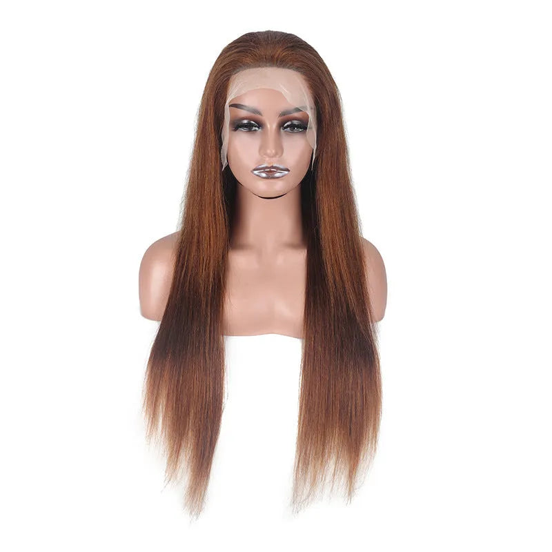 Dark brown front lace human hair wig with adjustable headgear, shown at a long length.