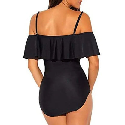 Black one-piece swimsuit with cut-out design and ruffled straps for swimming sports