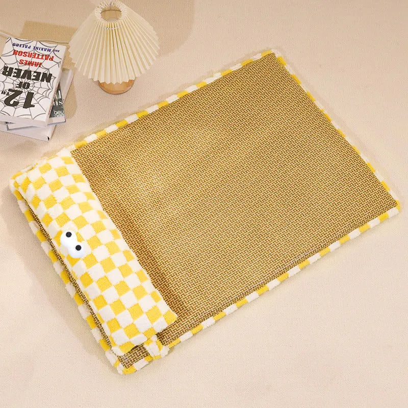 Grey and yellow universal pet cushion shown in four sizes: small, medium, large, and extra-large for cats and dogs.