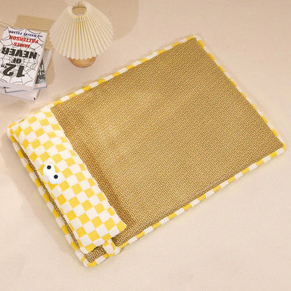 Grey and yellow universal pet cushion shown in four sizes: small, medium, large, and extra-large for cats and dogs.