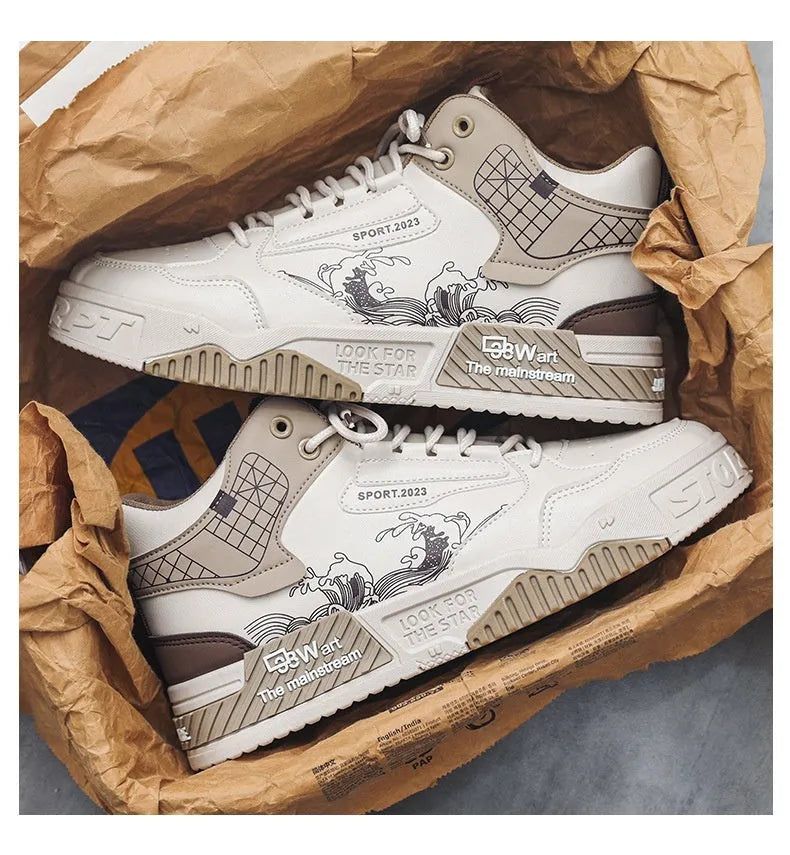 Men's beige, white, and blue high-top board shoes with lace-up front and rubber sole.