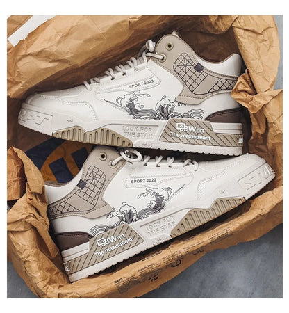 Men's beige, white, and blue high-top board shoes with lace-up front and rubber sole.
