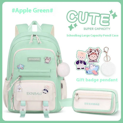 Pink girls school backpack with curved shoulder straps on a wooden floor