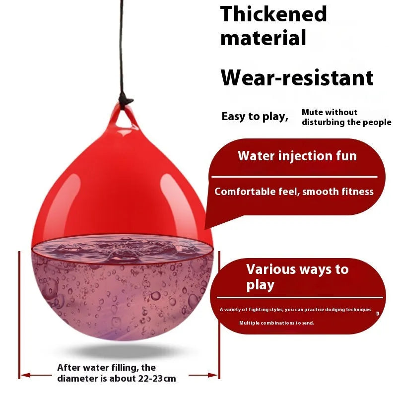 Red water-filled PVC boxing reaction ball with hook rope for hanging speed training drills.