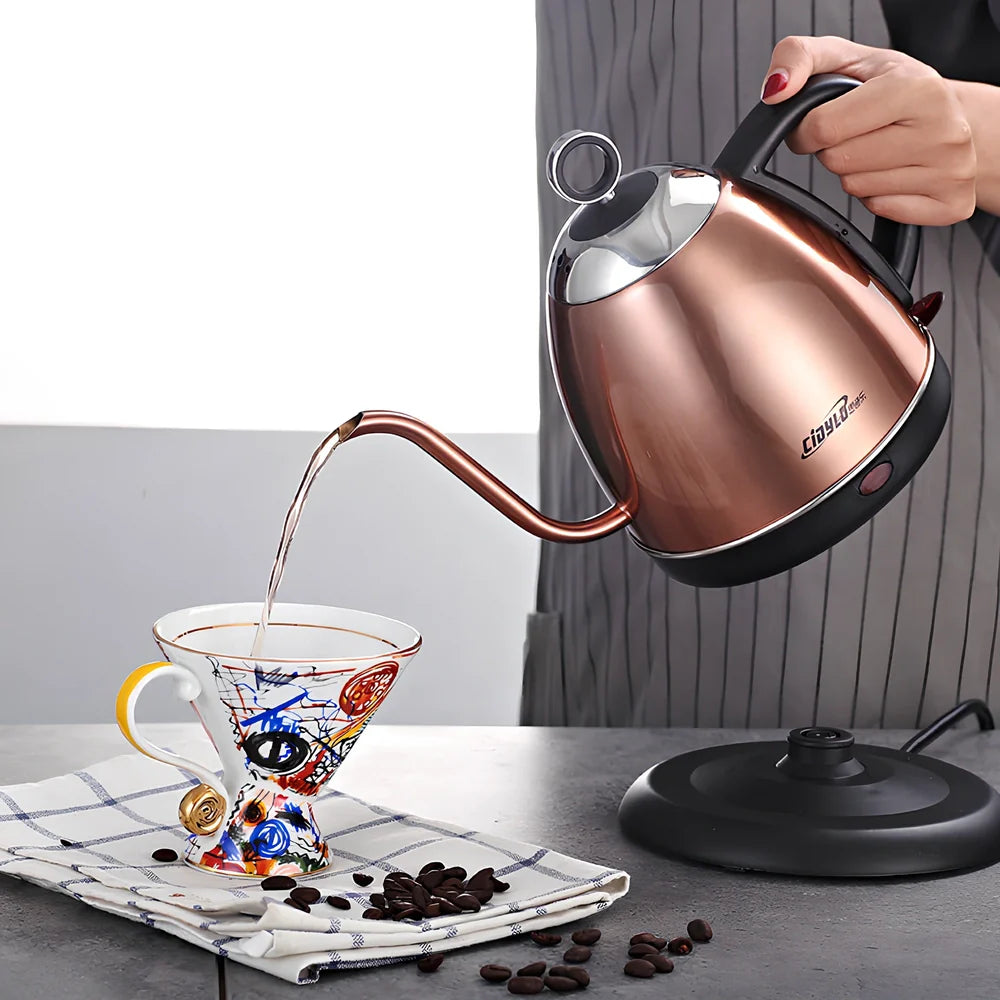 1L stainless steel kettle in gold with touch controls, auto shut-off, and 1.0L capacity for quick boiling