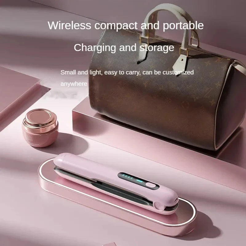 Cordless hair straightener and curler with ceramic plates, 4 heat settings, and 5000mAh rechargeable battery for on-the-go styling