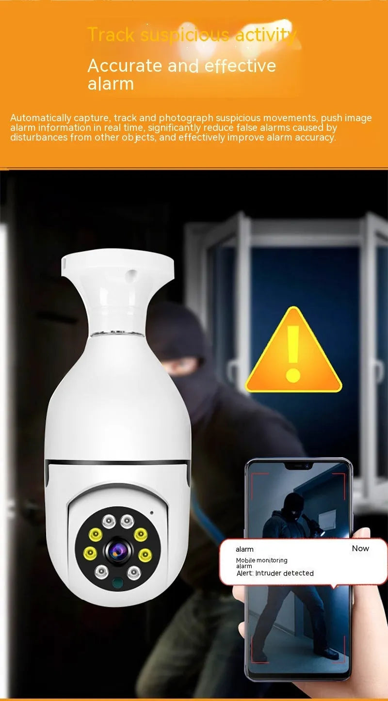 White wireless bulb security camera with E27 base, showing lens and compact 5cm by 12cm size.