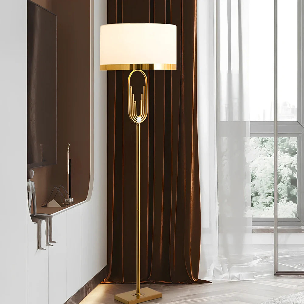 Modern vertical floor lamp with adjustable height and fabric shade for reading and desk work
