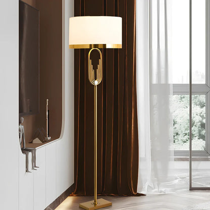 Modern vertical floor lamp with adjustable height and fabric shade for reading and desk work
