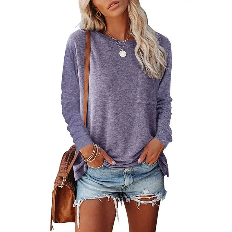 Cotton-polyester blend long-sleeved T-shirt with pocket split design in various colours