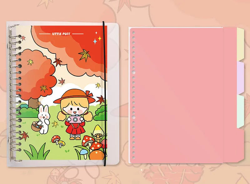 B5 and A5 loose leaf refillable notebook with detachable coil binding for students, B5 notebook with 50 sheet horizontal line, grid, or Cornell method core replacement refills in snowman, autumn travel, dessert house and little witch cover designs