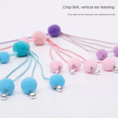 Set of four colourful cat stick toys with dangling tassels, showing blue, pink, and purple handles.