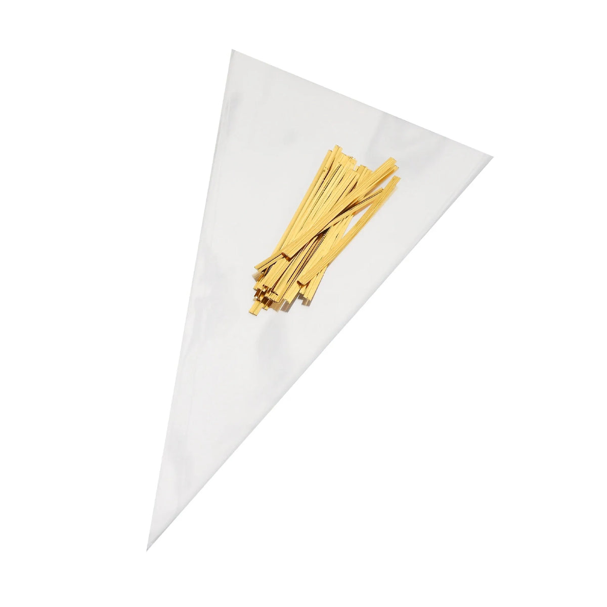 Triangle clear plastic bag with integrated tie wire closure in 13x25cm, 16x30cm, or 18x37cm sizes