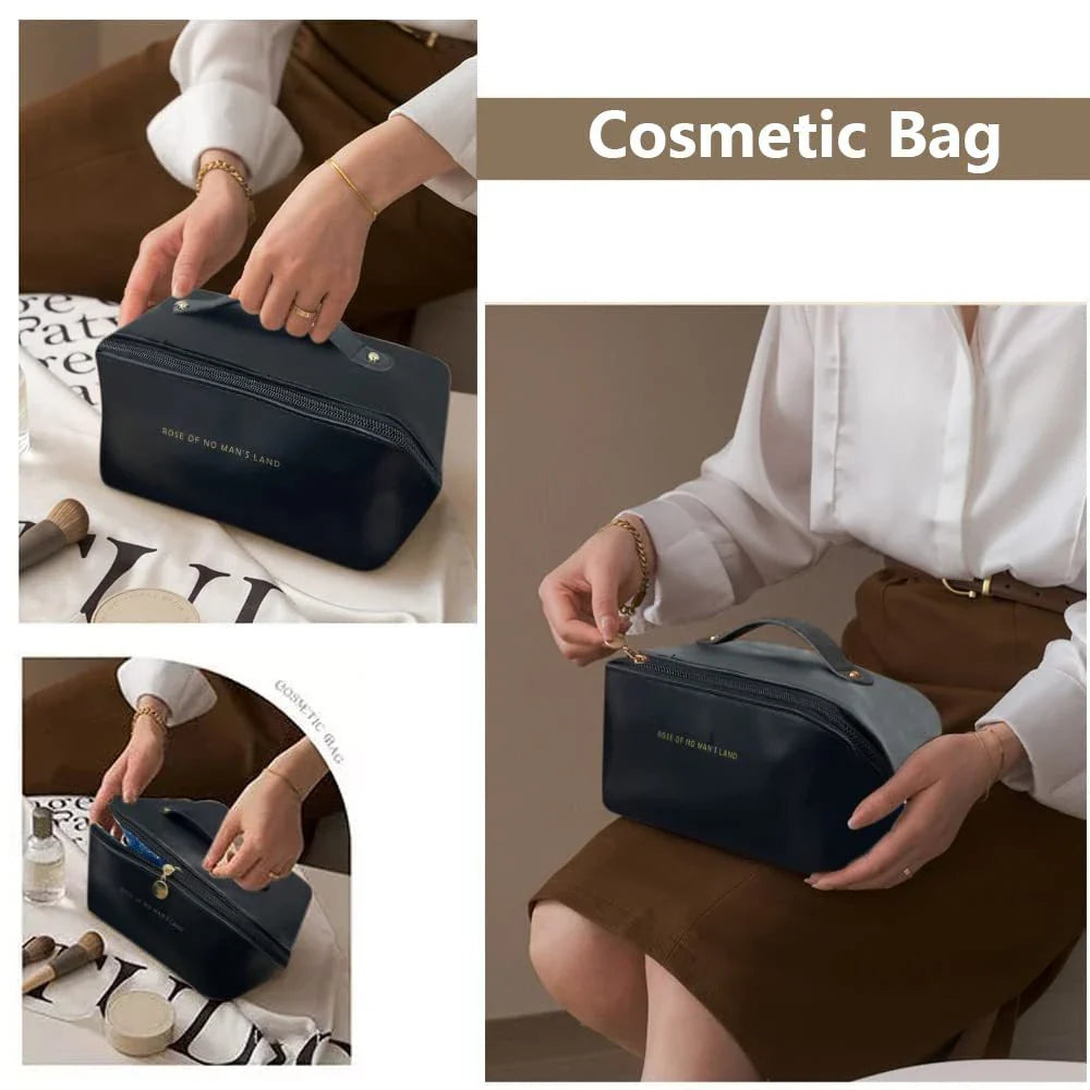 Premium PU leather cosmetic bag with large capacity, versatile storage, and water-resistant design for modern women on the go