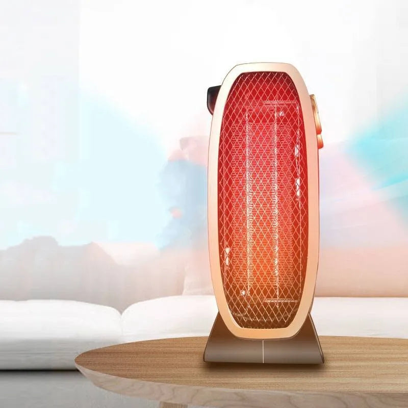 White electric heater fan with mechanical dial controls on a wooden floor.