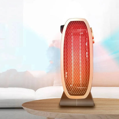 White electric heater fan with mechanical dial controls on a wooden floor.