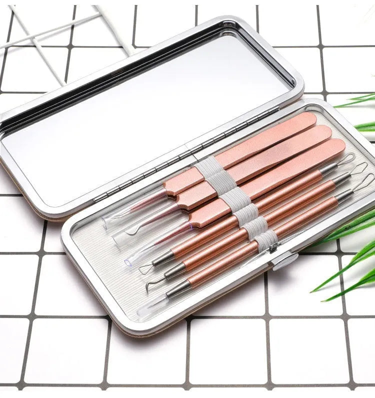 Stainless steel 6-piece acne remover beauty tool set in rose gold finish
