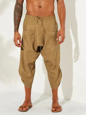 Chinese style hemp cropped trousers for men with printed ankle cuffs, loose fit, available in black, dark grey, green, red, yellow.