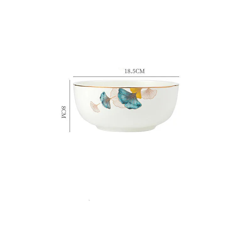 Round porcelain dinner plate with Nordic plant and flower design, flat disk shape, glaze colour finish
