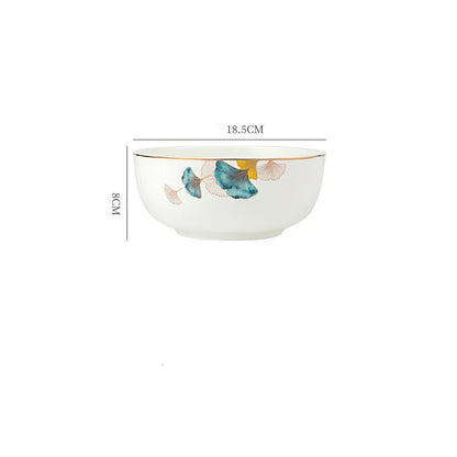 Round porcelain dinner plate with Nordic plant and flower design, flat disk shape, glaze colour finish