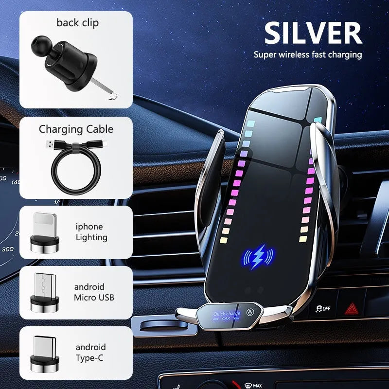 Car mobile phone holder with wireless charging and clamping mechanism in silver finish