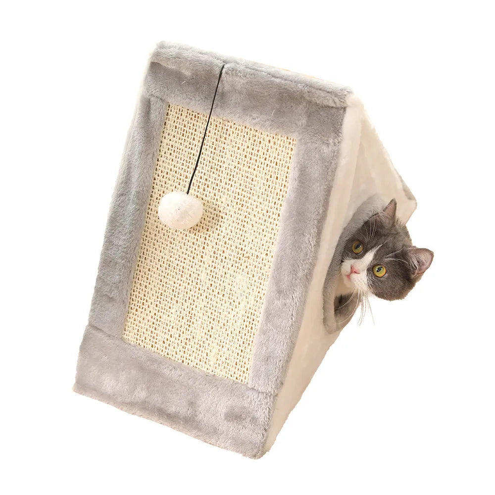 Grey and white triangle-shaped cat scratching post with an integrated soft cat bed.